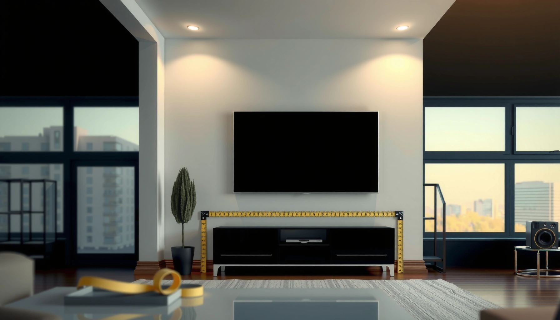 A person measuring a space to determine the ideal TV size for their room setup.