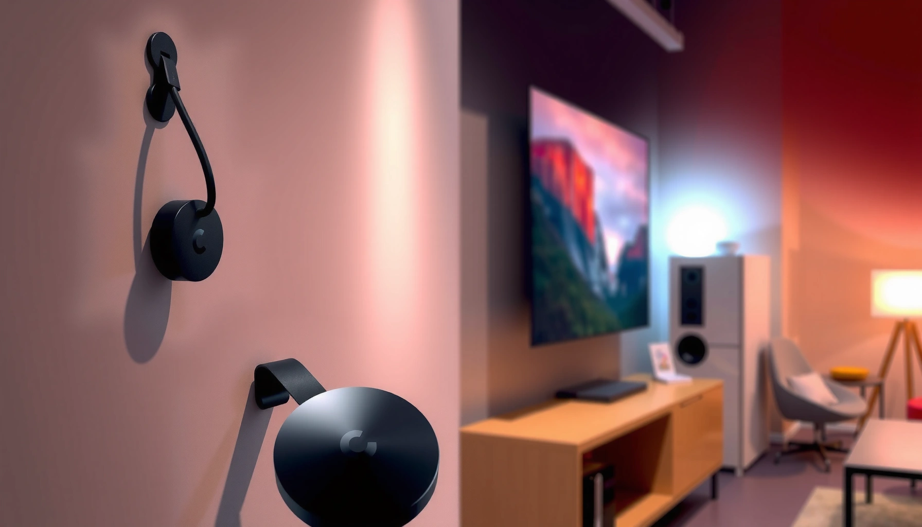 Illustration showing Chromecast device connected to a projector for seamless streaming.