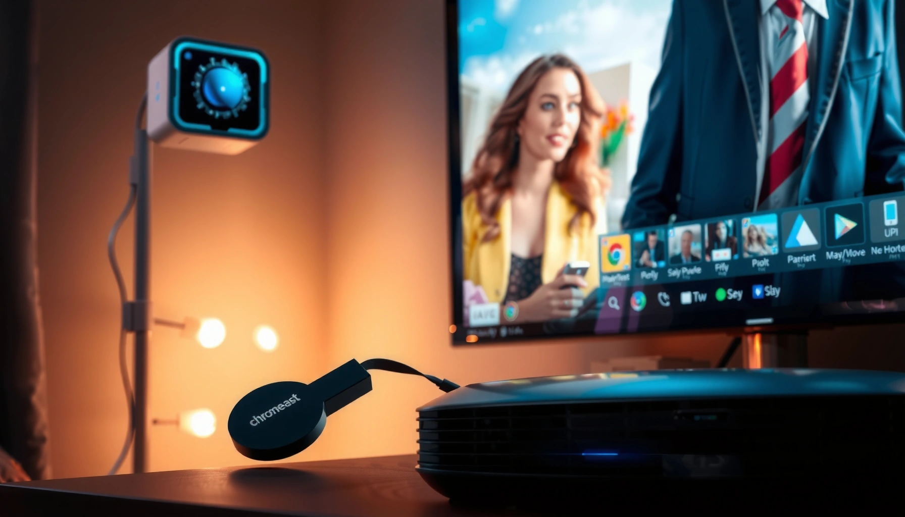 A projector displaying content from a Chromecast device, illustrating how they work together.