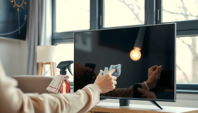 A person cleaning a smart TV screen with a microfiber cloth for a streak-free finish.