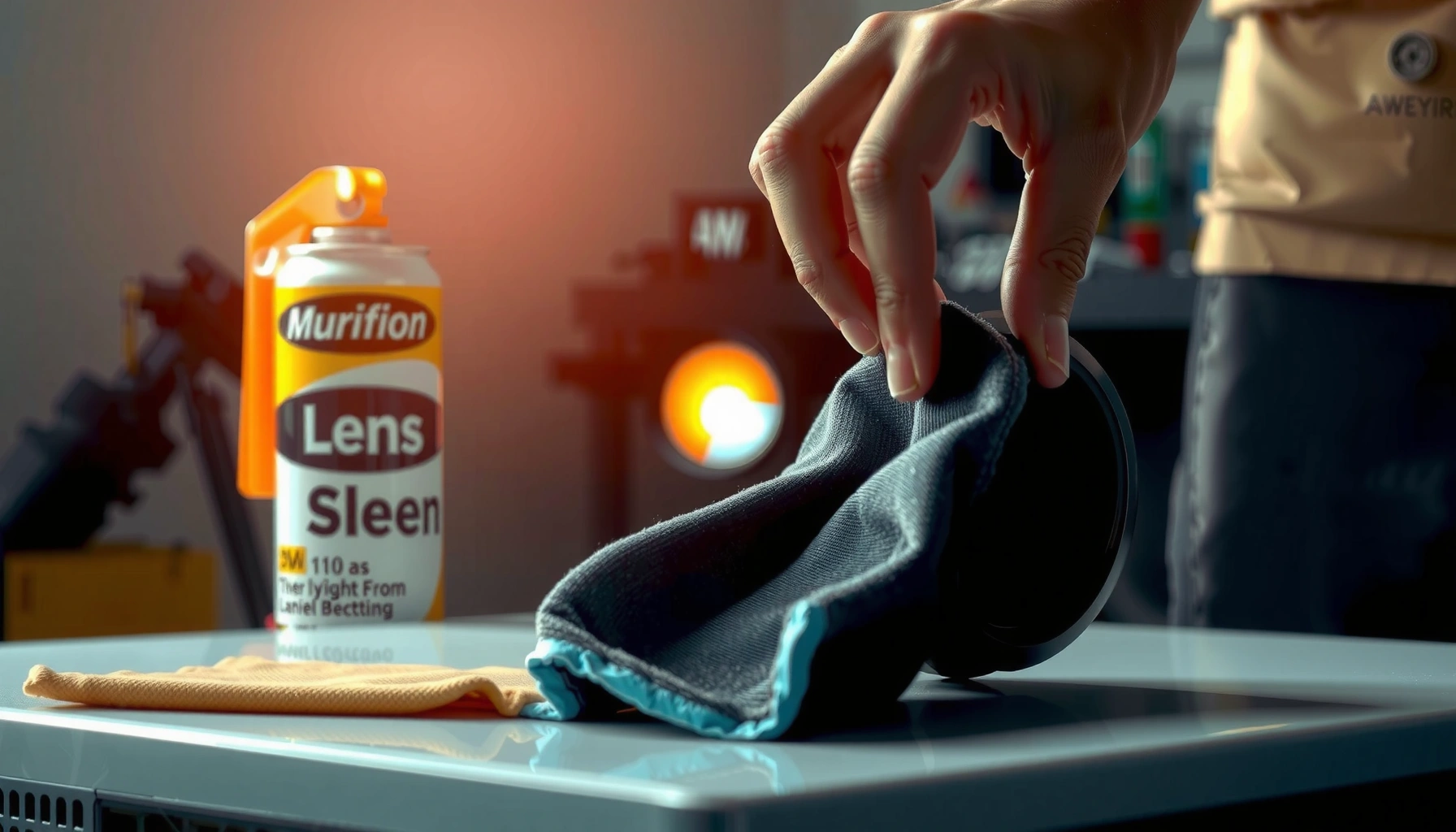A person cleaning a projector lens with a microfiber cloth for clear images.