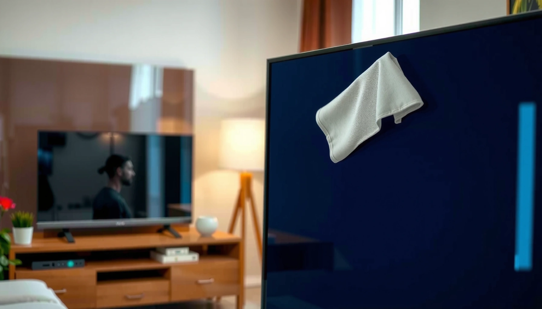 A person cleaning the screen of a smart TV with a microfiber cloth, demonstrating proper techniques.