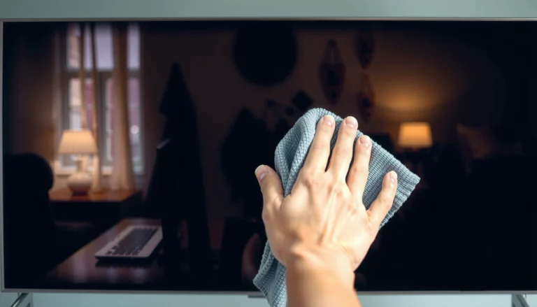 A person carefully cleaning a smart TV screen with a microfiber cloth to avoid damage.
