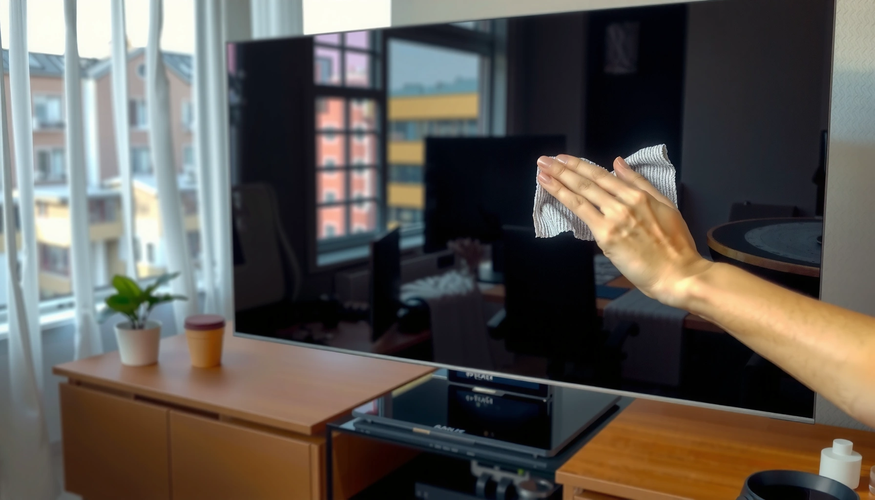 A person cleaning the screen of a smart TV using safe steps and proper materials.