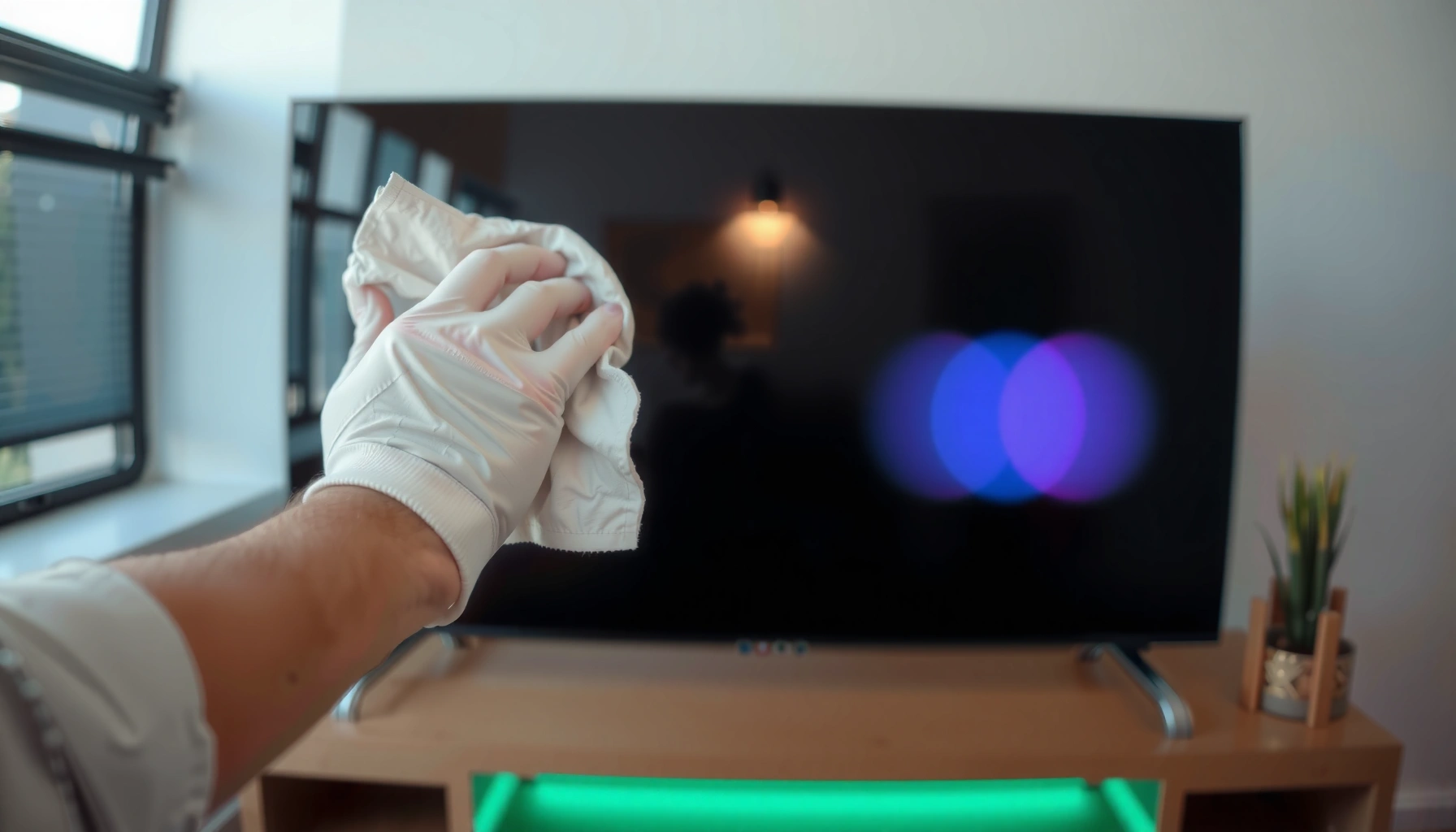A person cleaning a smart TV screen with safe, simple options for maintenance and clarity.