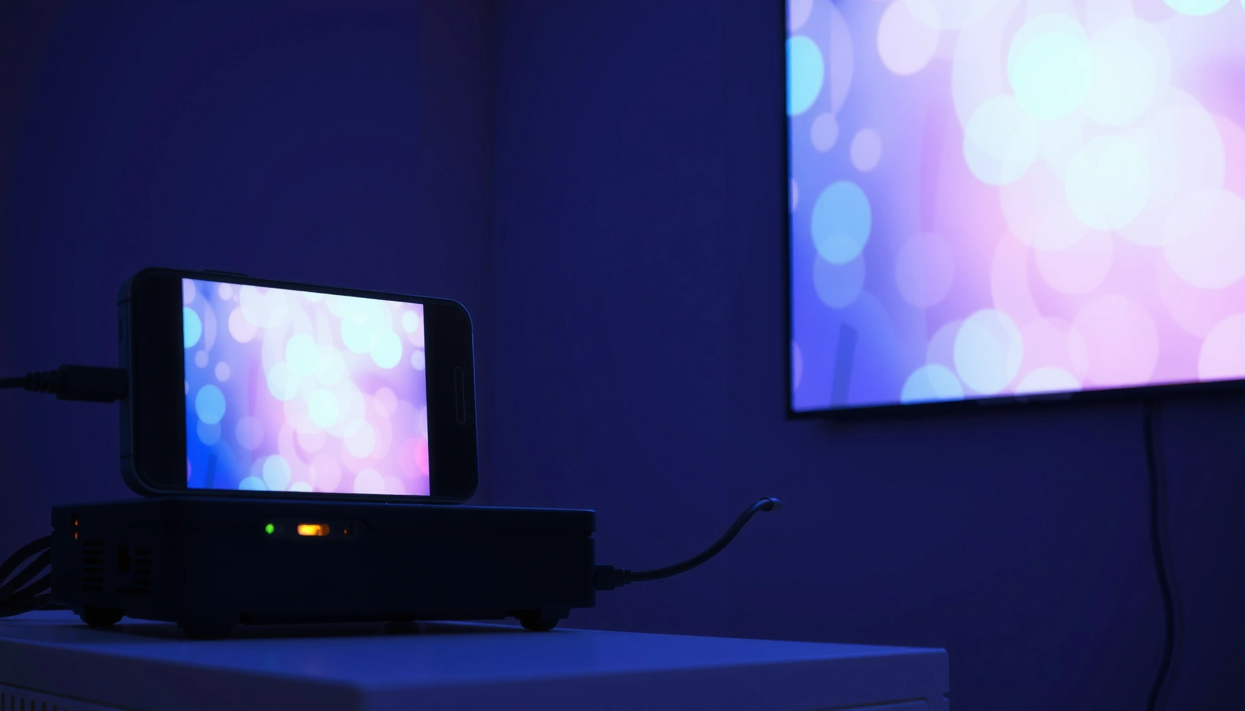 A person demonstrating how to connect an Android phone to a projector using a cable.