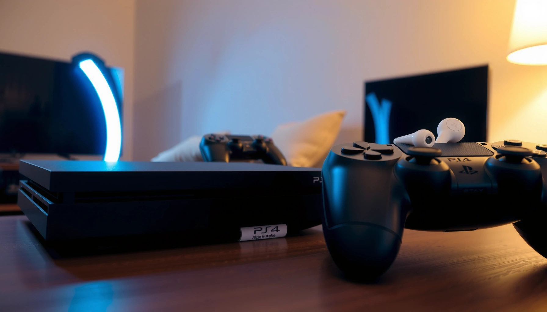 Illustration showing how to connect Bluetooth earbuds to a PS4 console.
