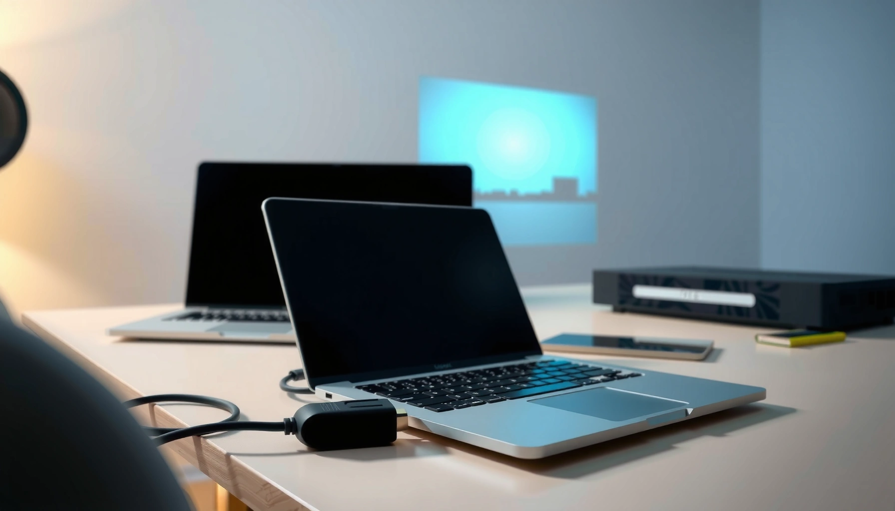 A person demonstrating how to connect a computer to a projector using cables and settings.