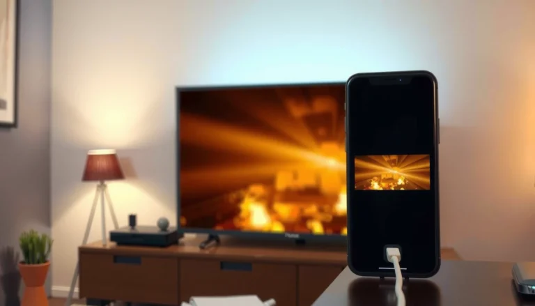 A person connecting an iPhone to a projector for a presentation.