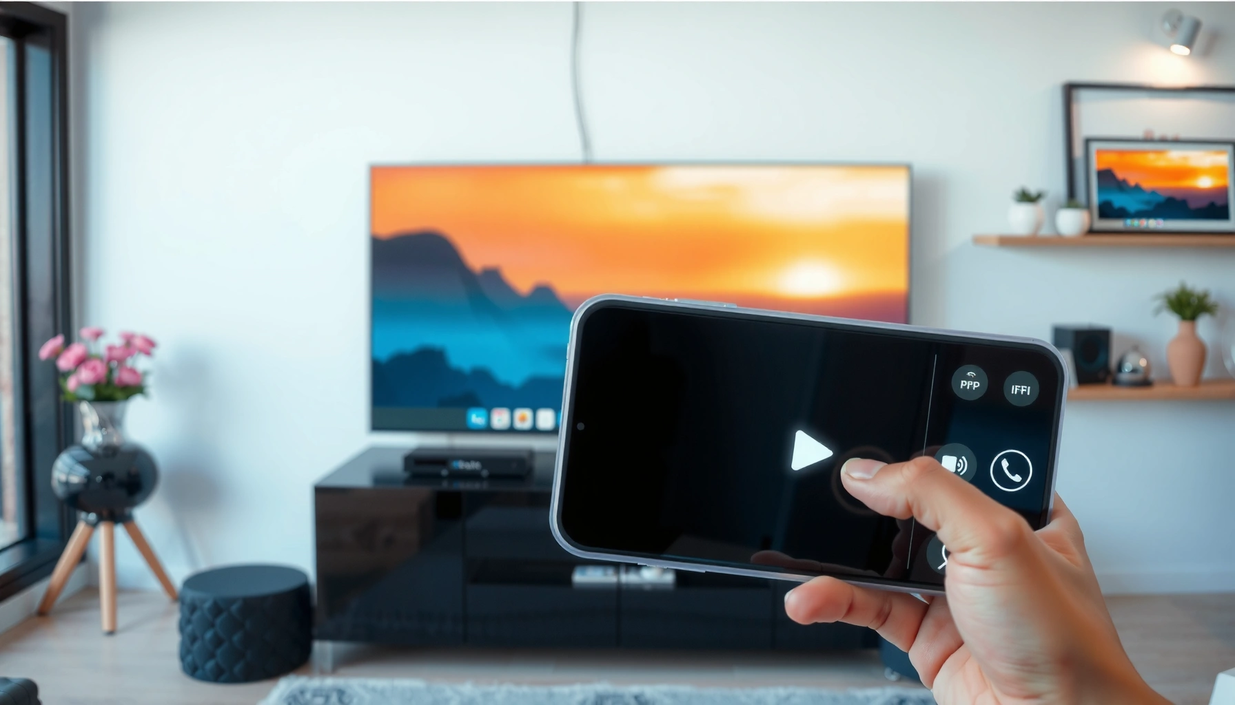 A person demonstrating how to connect an iPhone to a Smart TV for screen mirroring.
