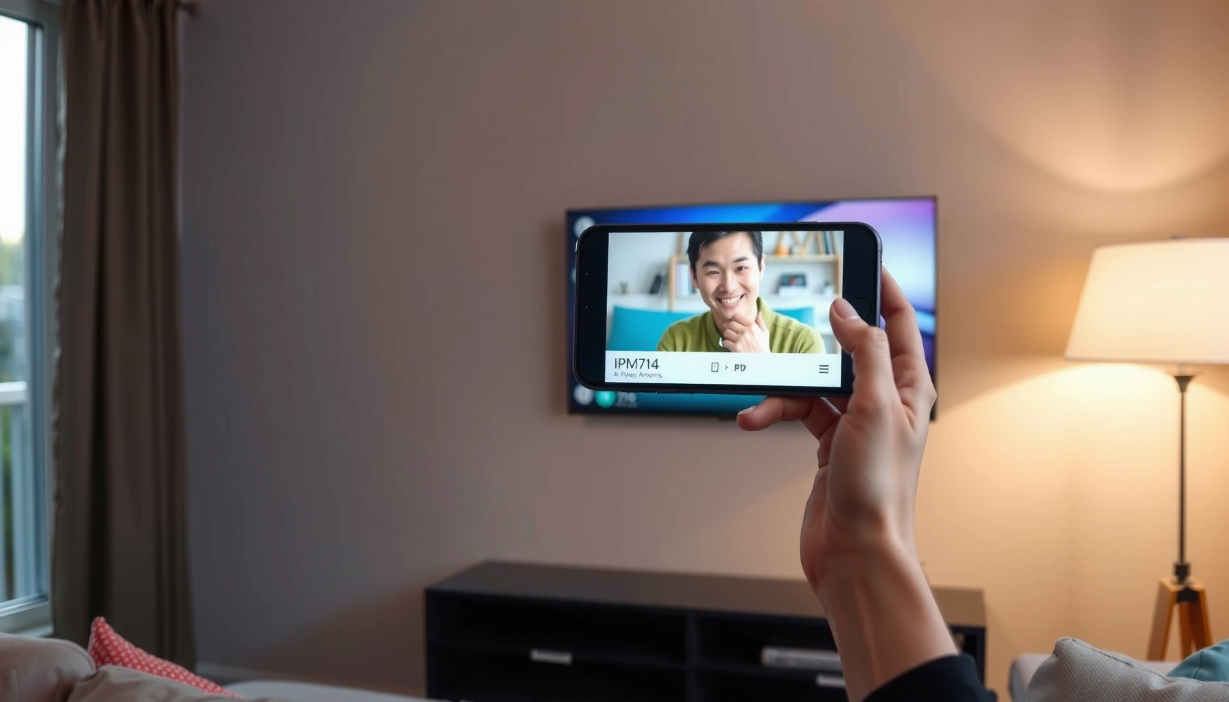 A person connecting an iPhone to a Smart TV for streaming content.
