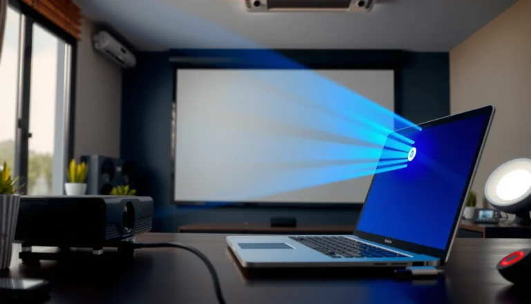 A person demonstrating how to connect a laptop to a projector using cables and settings.