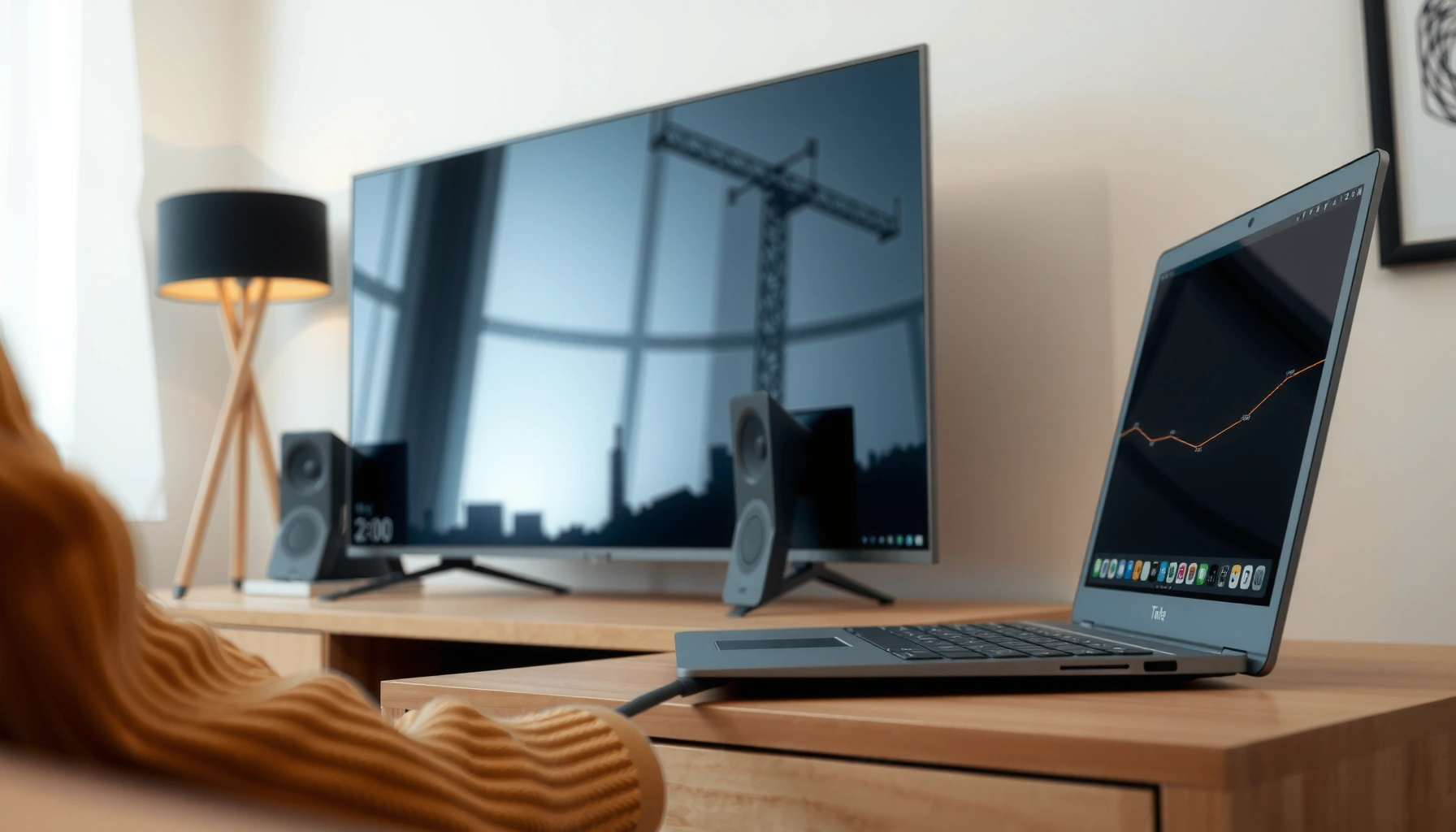 A laptop connecting to a smart TV with an HDMI cable, illustrating how to hook up devices.