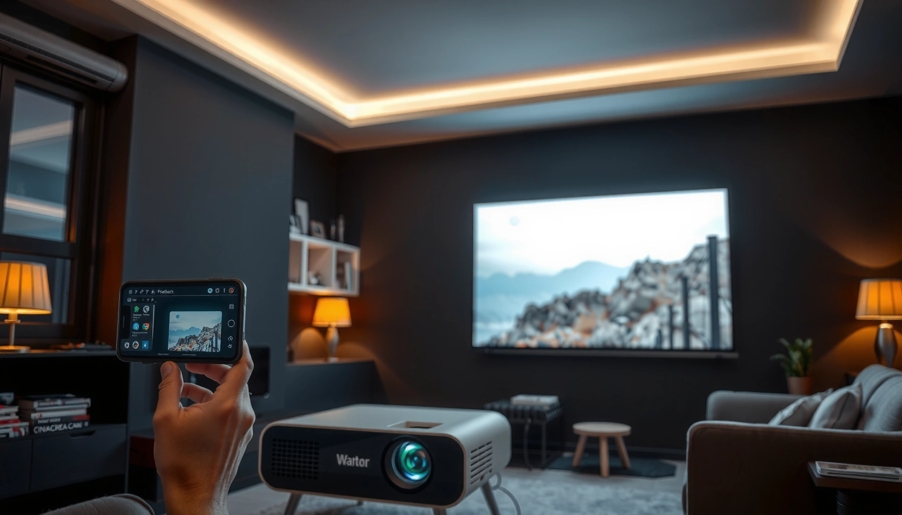 A person connecting a smartphone to an LED projector for displaying content.