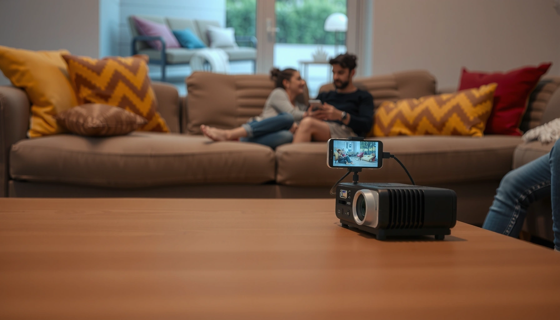 A person connecting their phone to a mini projector for a presentation.