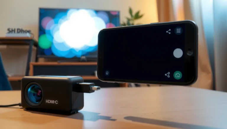 A smartphone connected to a projector via USB cable for display.