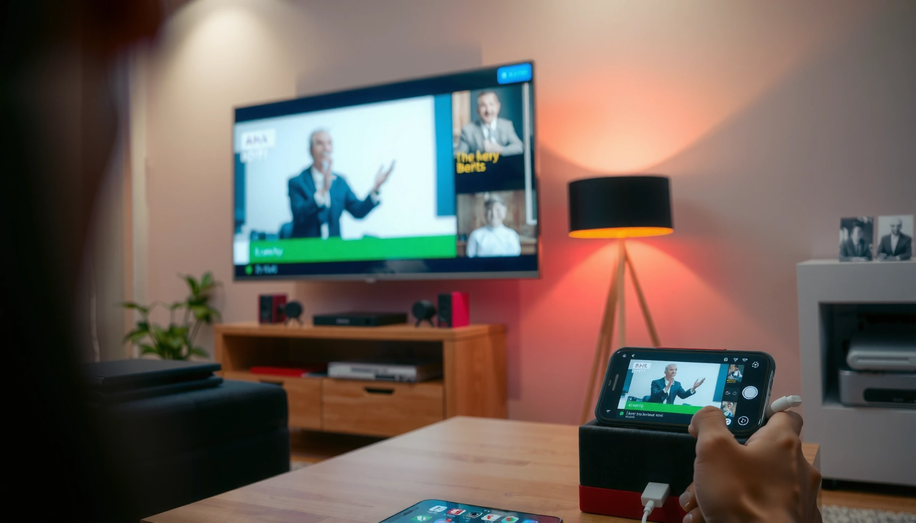 A smartphone displaying a screen mirroring option to connect to a smart TV.