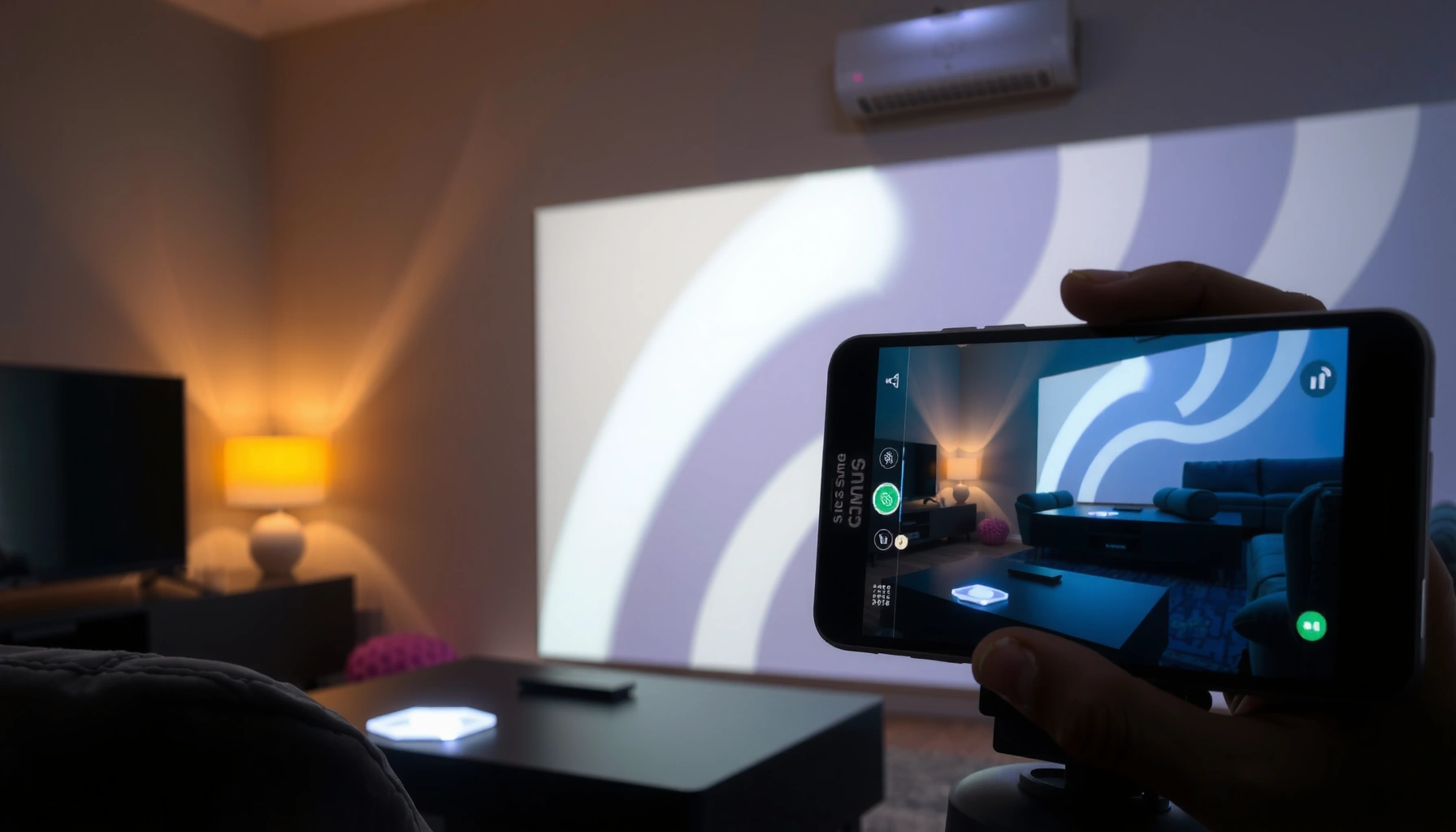 A Samsung phone connected to a projector for display purposes.