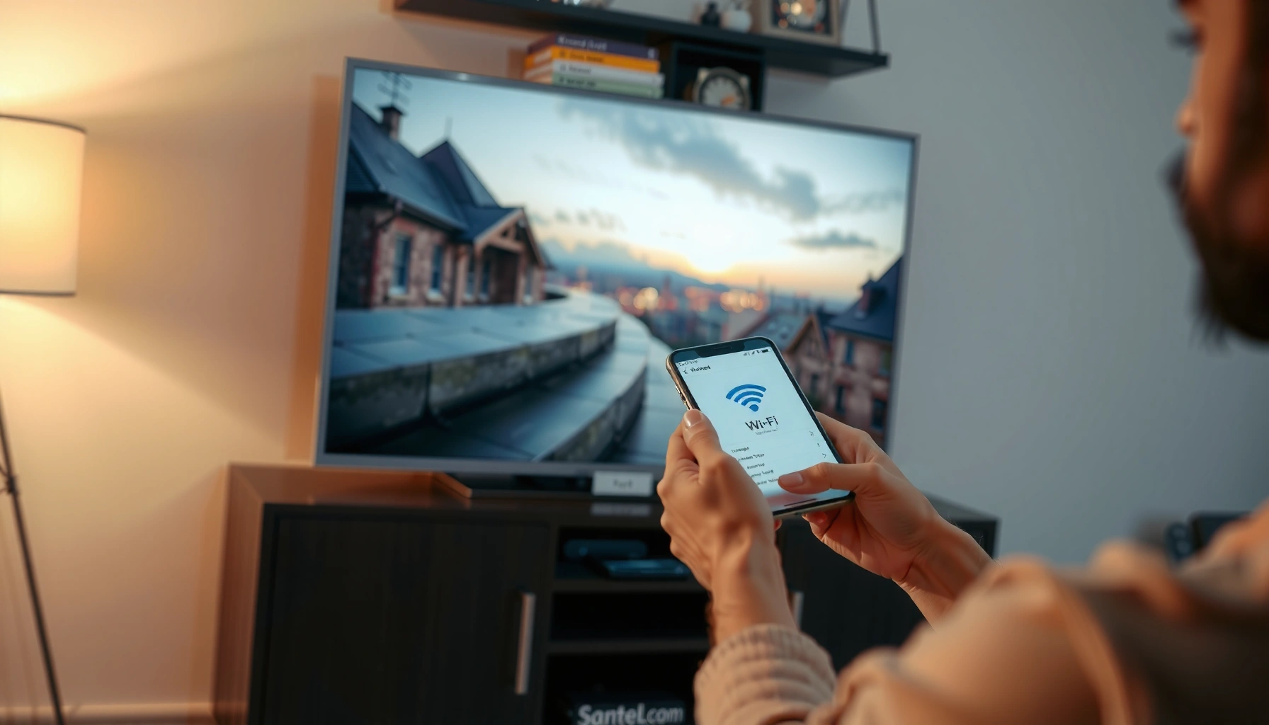 A person connecting a Smart TV to the Internet through Wi-Fi or Ethernet cable.
