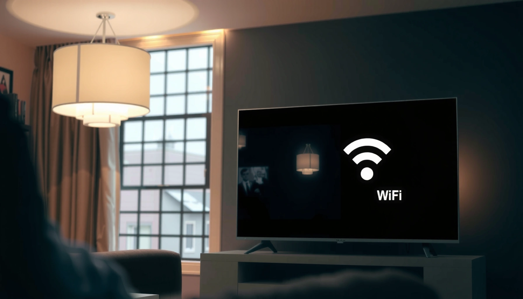 A person connecting a Smart TV to the internet using Wi-Fi or Ethernet cable.