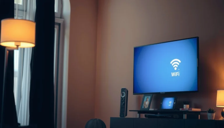 A person connecting a Smart TV to WiFi network settings on the screen.