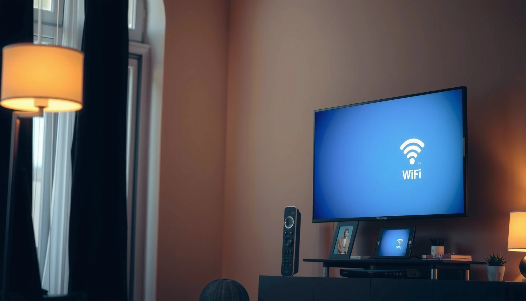A person connecting a Smart TV to WiFi network settings on the screen.