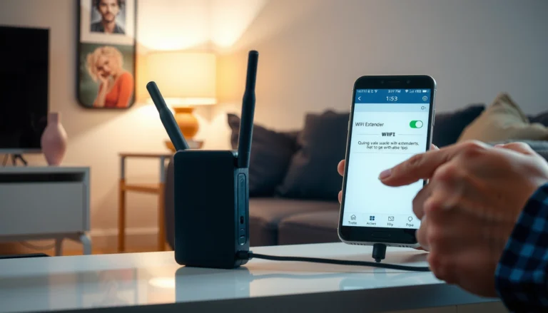 A user setting up a WiFi extender with a smartphone, demonstrating the step-by-step process.