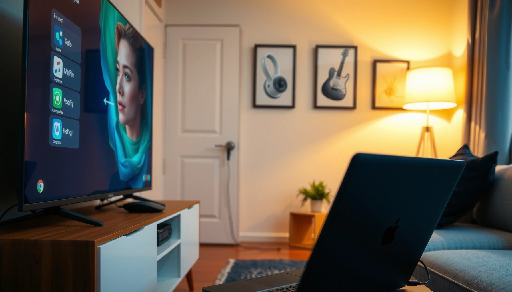 A person connecting a computer to a smart TV using HDMI cables.