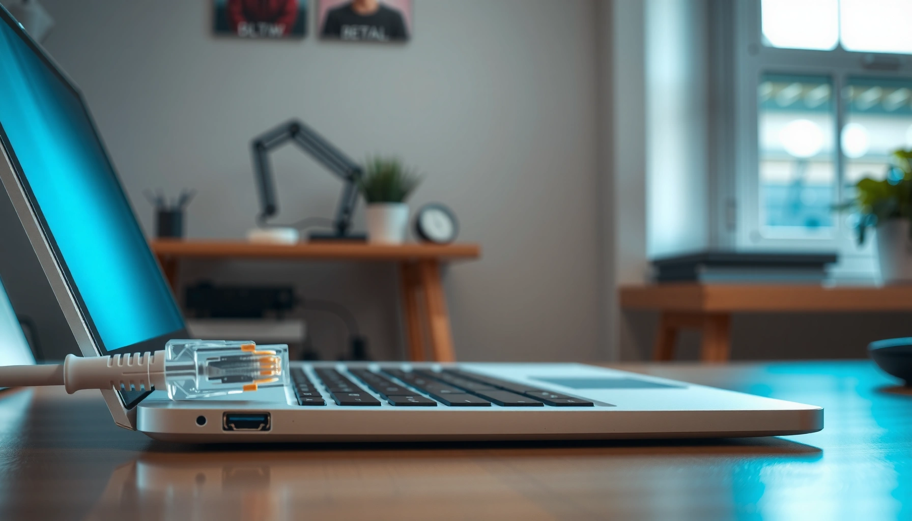 Step-by-step guide on connecting an Ethernet cable to a laptop for internet access.