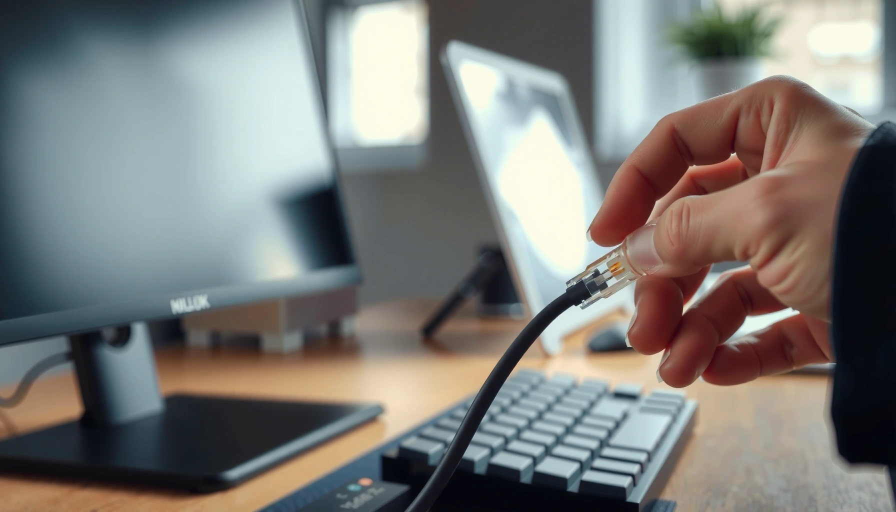 A person connecting an Ethernet cable to a PC for internet access.