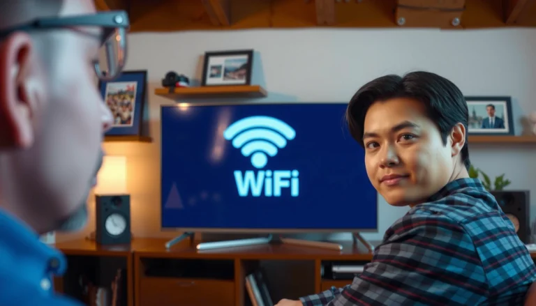 A person connecting a Smart TV to the internet using Wi-Fi settings.