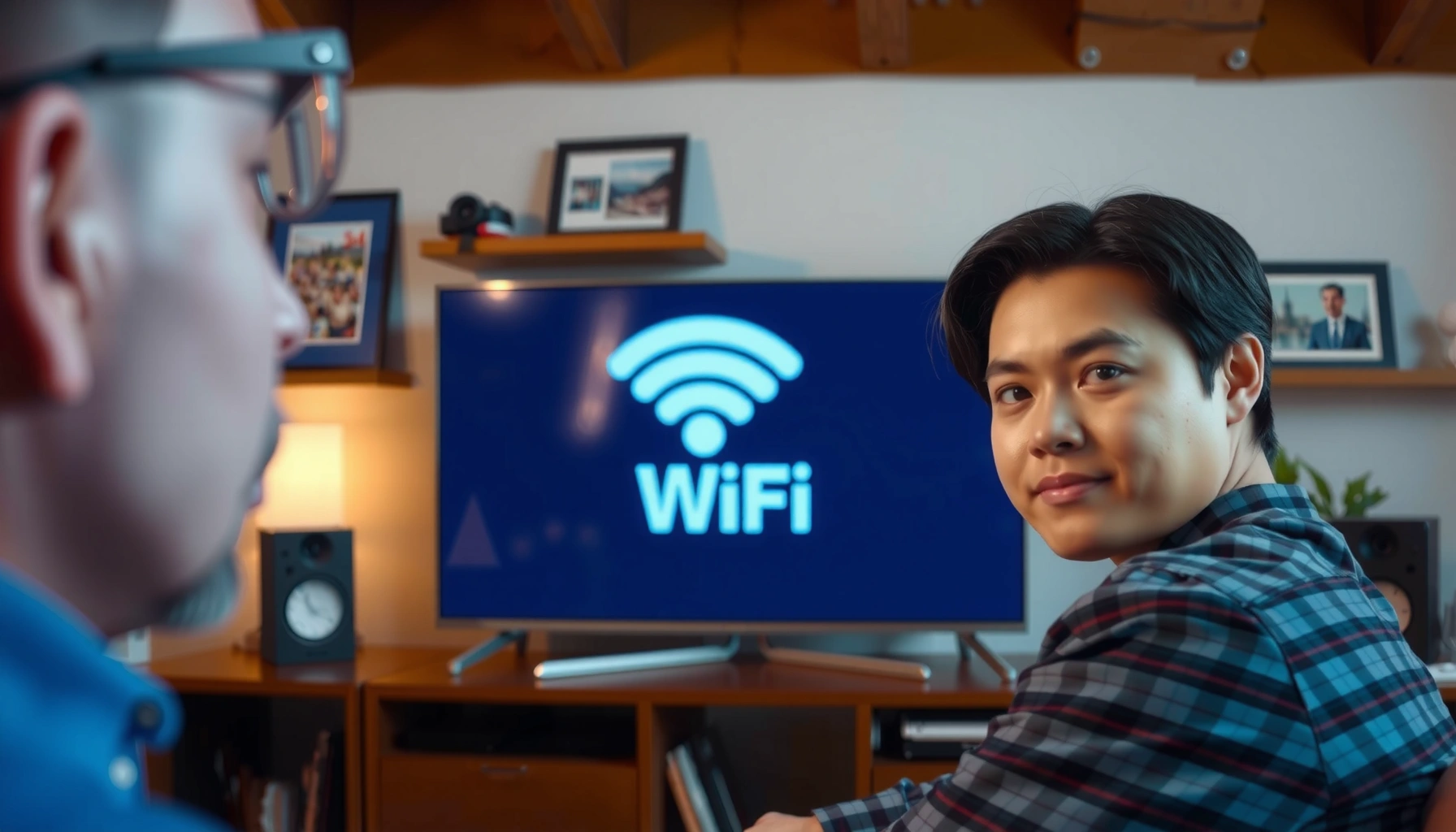 A person connecting a Smart TV to the internet using Wi-Fi settings.