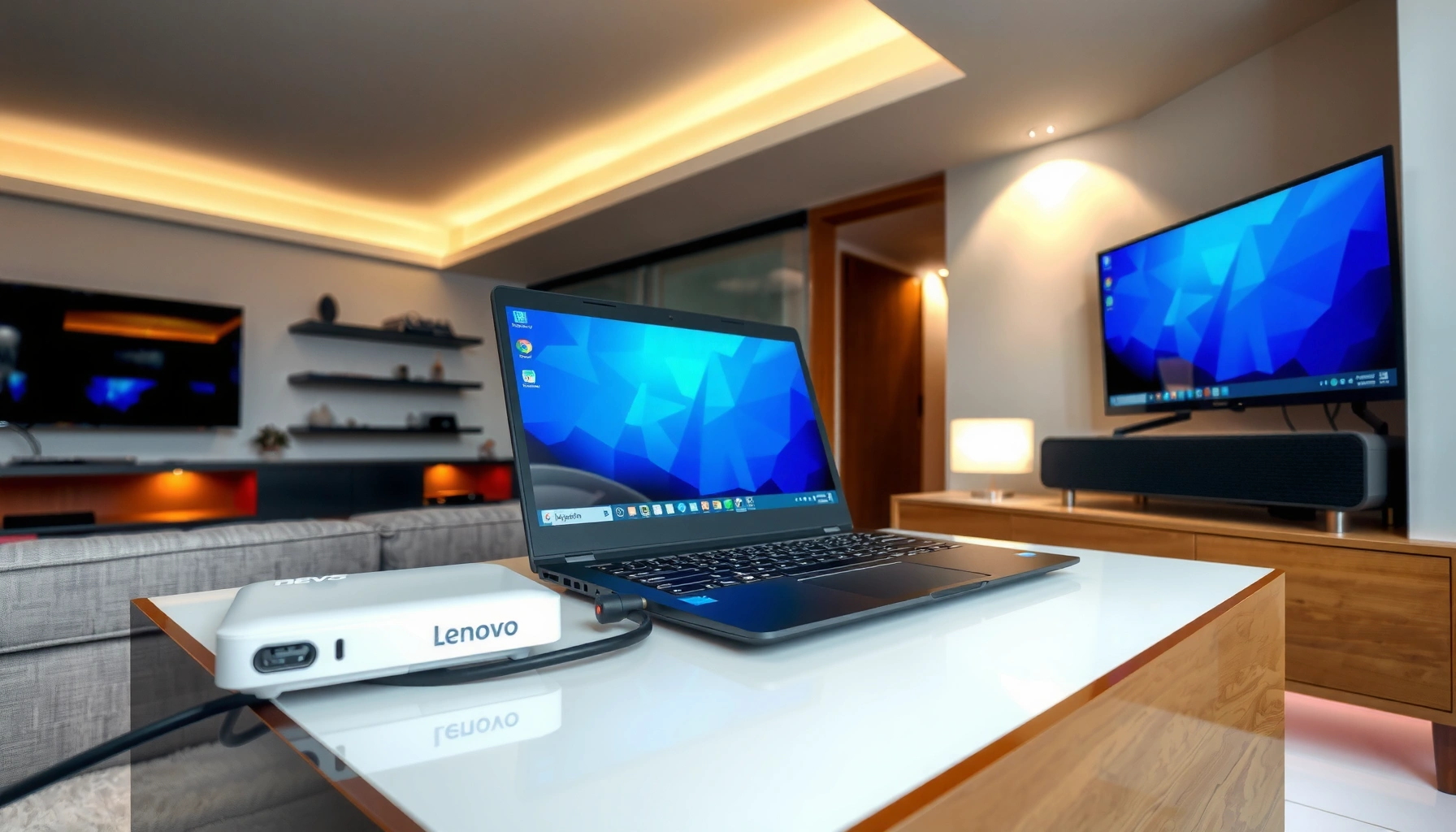 A Lenovo laptop connected to a projector, demonstrating the connection process for presentations.