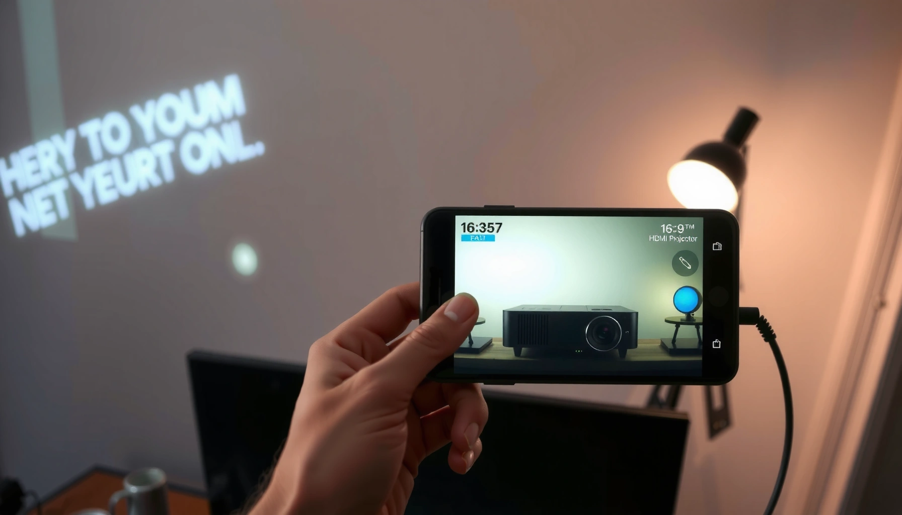 A person connecting their phone to a mini projector using an HDMI cable.