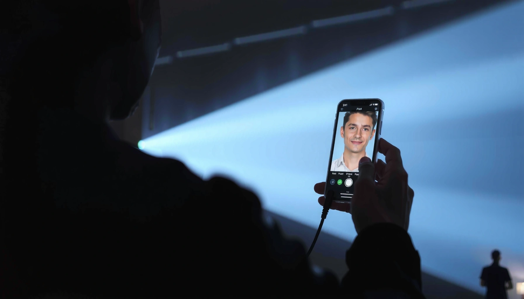 A person demonstrating how to connect a projector to a smartphone for presentations.