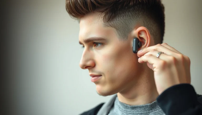 Person demonstrating how to put on earbuds for optimal fit, seal, and comfort.
