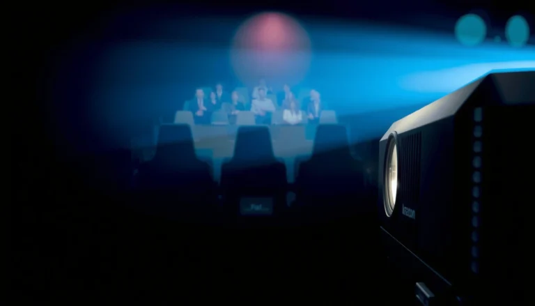 Illustration showing the step-by-step process of how digital cinema projectors work.