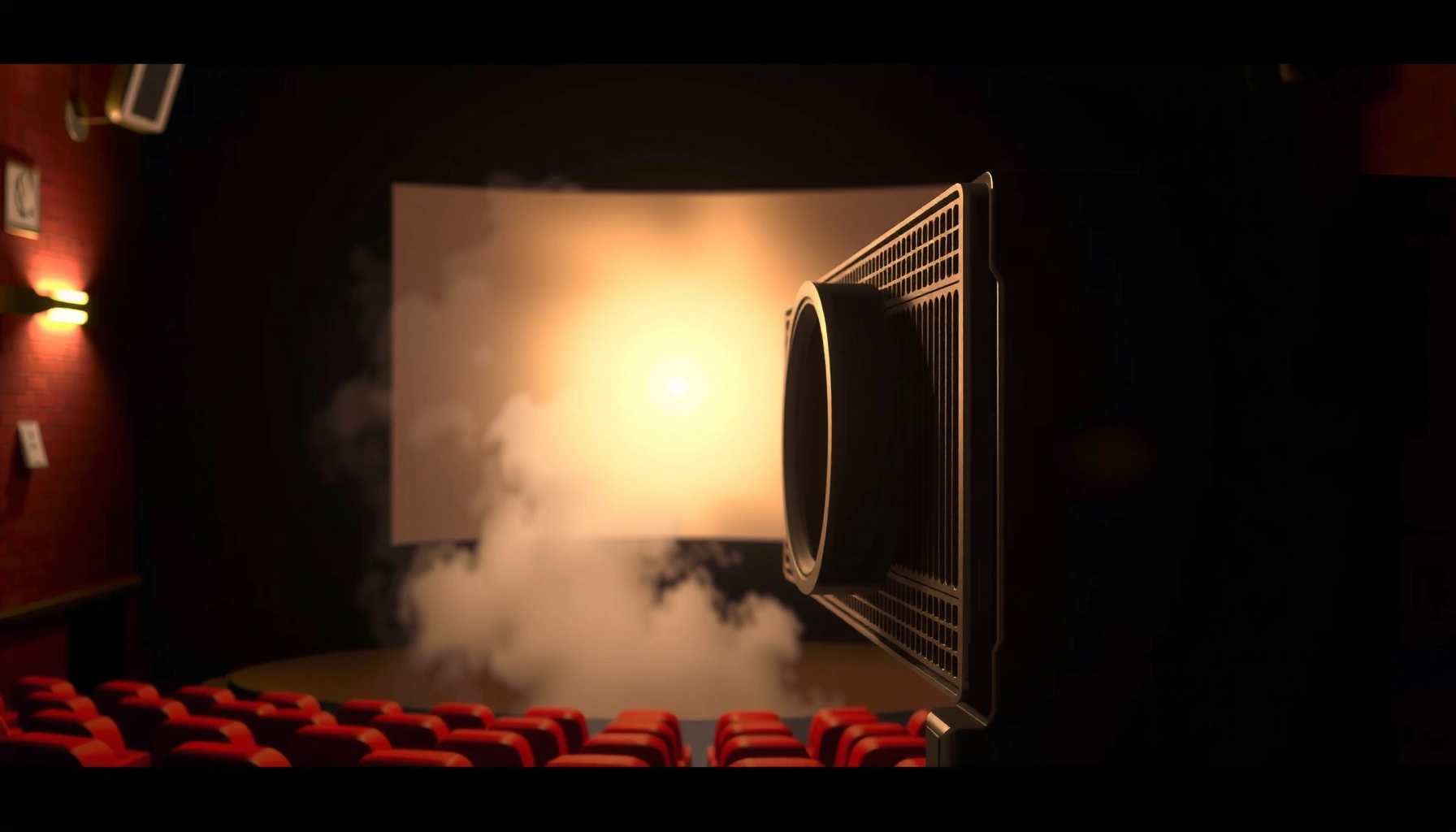 Illustration showing the inner workings of a digital cinema projector with key components labeled.