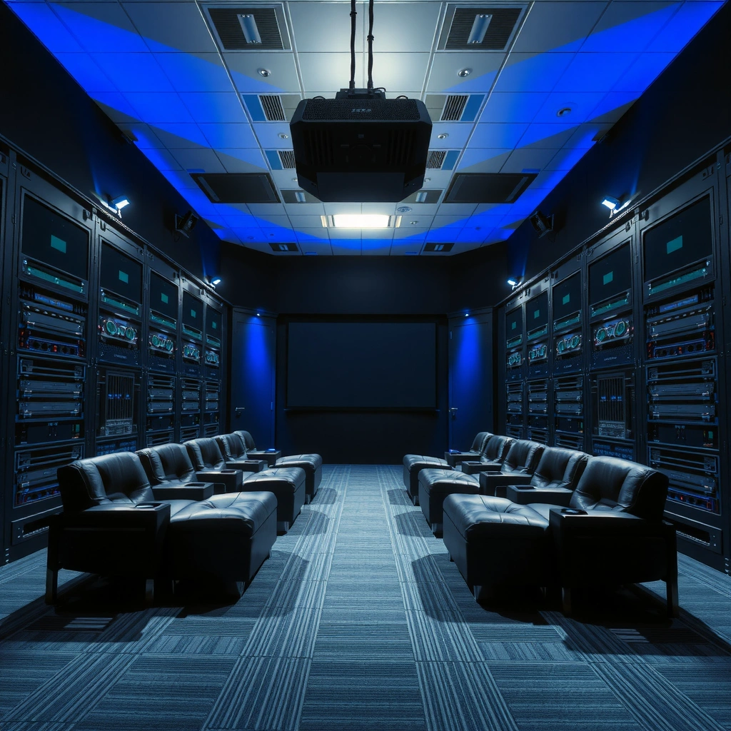 Illustration of digital projectors converting server data to screen display in a movie theater