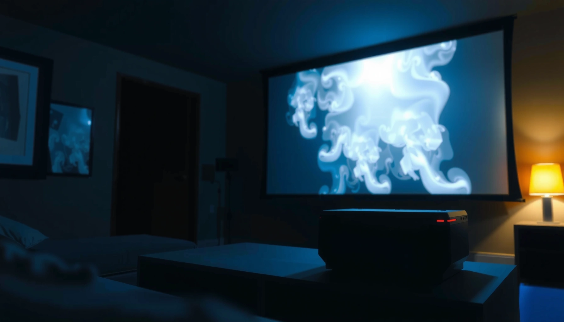 A projector and screen setup, illustrating the need for a projector screen for optimal viewing.