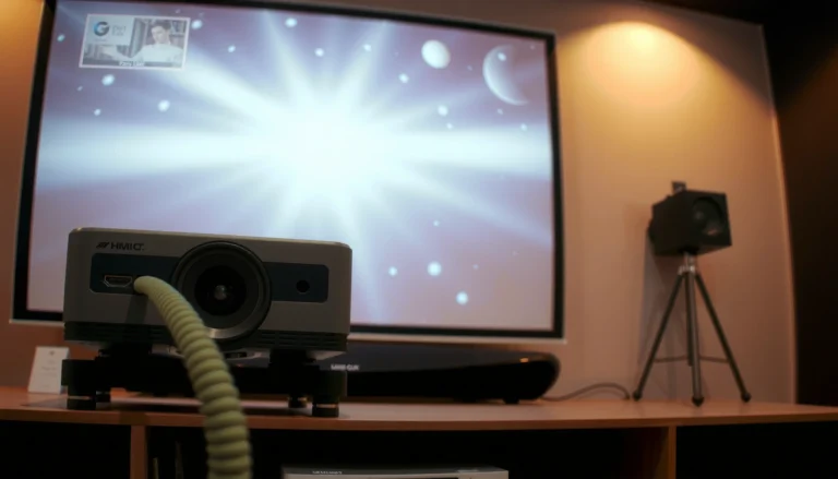 A projector with HDMI ports and cables, illustrating features to check before buying a projector.