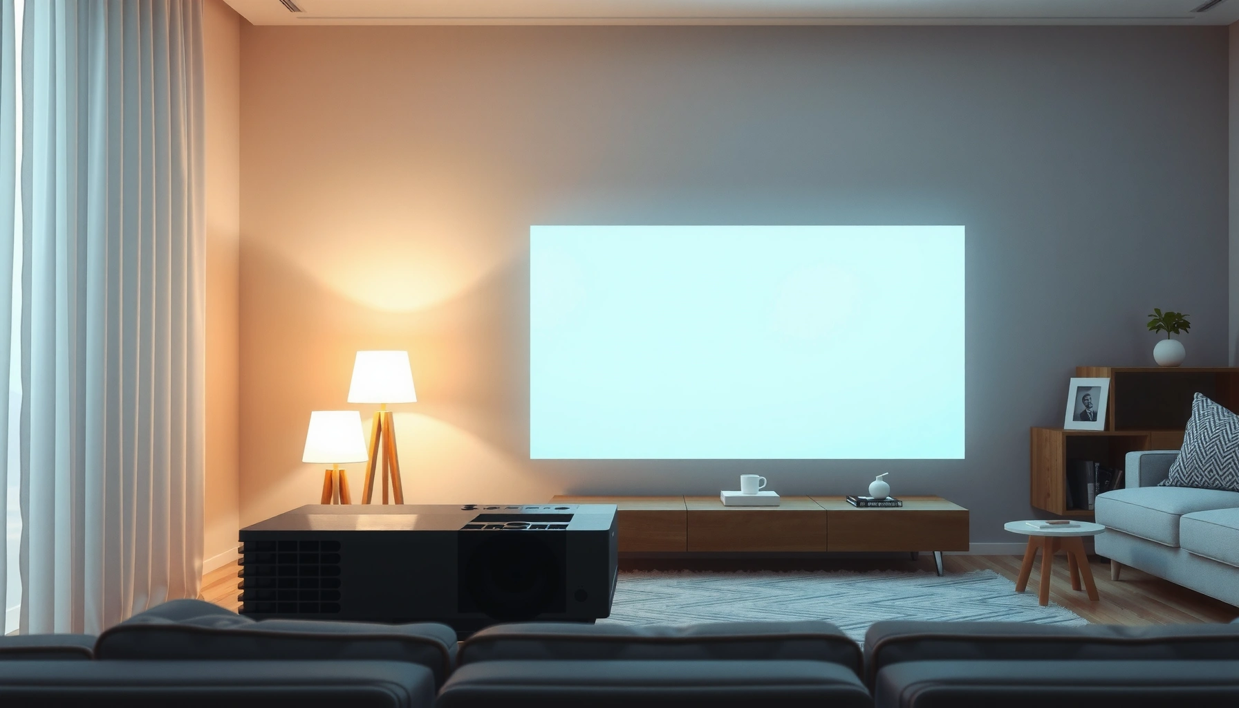 A projector displaying an image on a white wall, illustrating the impact of wall color on projection quality.