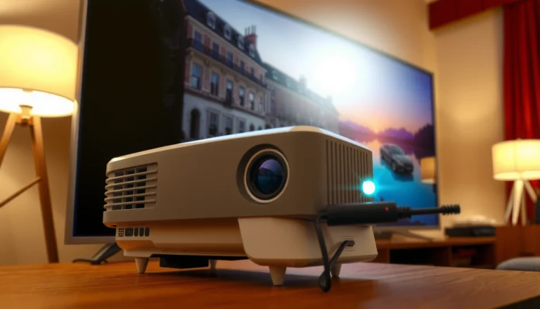 A projector displaying an image with sound waves, illustrating the question of whether projectors produce sound.