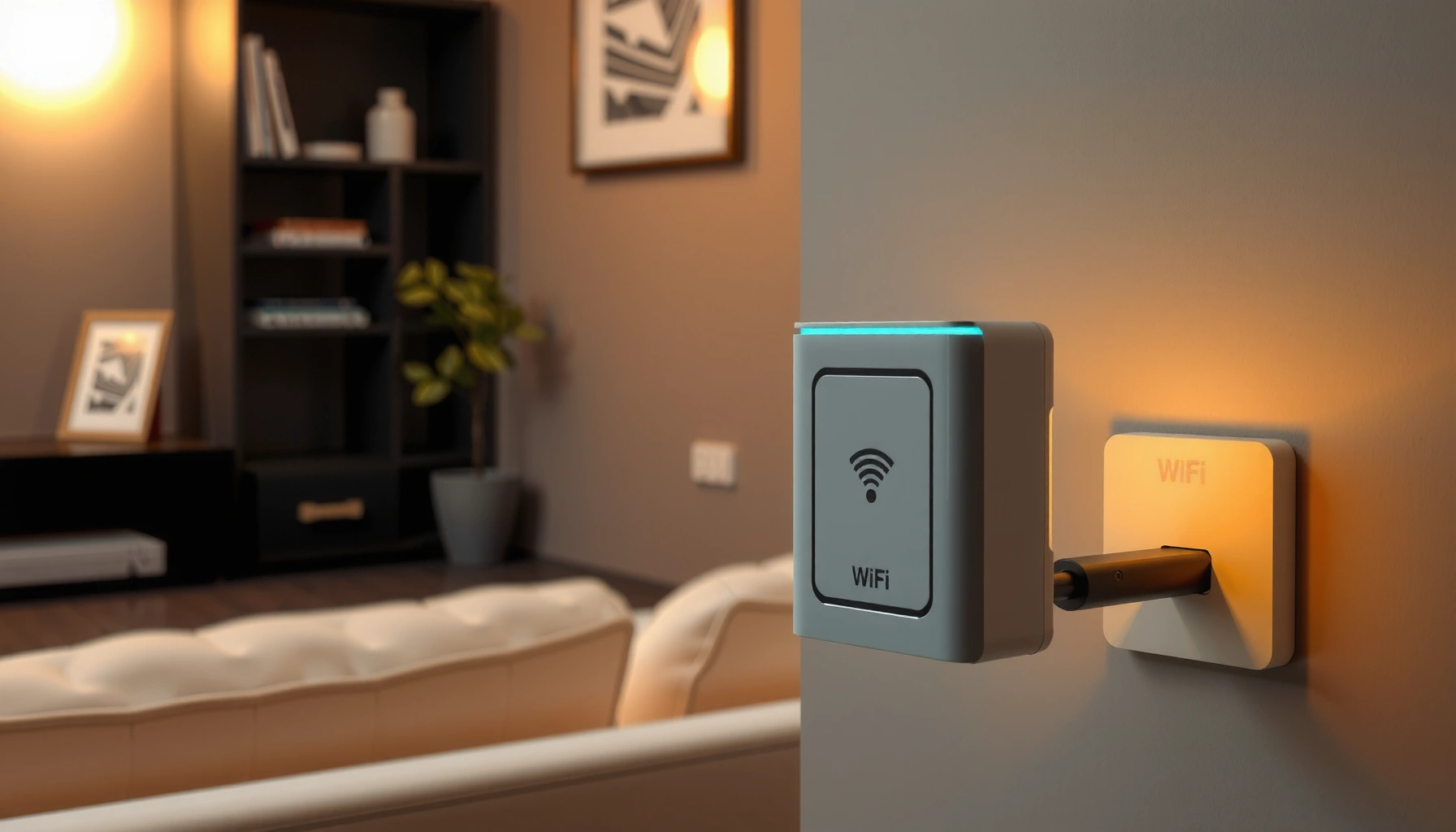 A WiFi extender placed in a home setting, illustrating its use in boosting internet signal strength.