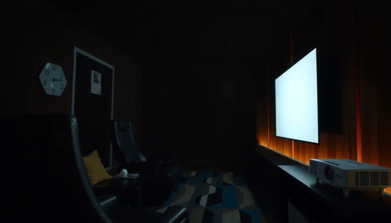 A projector setup in a dimly lit room, illustrating the importance of lighting for projector use.