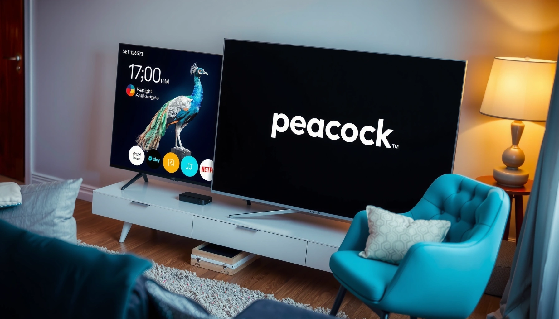 Guide to downloading Peacock on a smart TV, featuring the Peacock logo and TV interface.