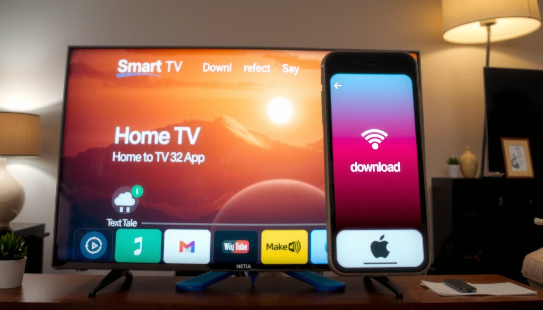 Illustration showing how to download apps on a smart TV, featuring a remote and app icons.