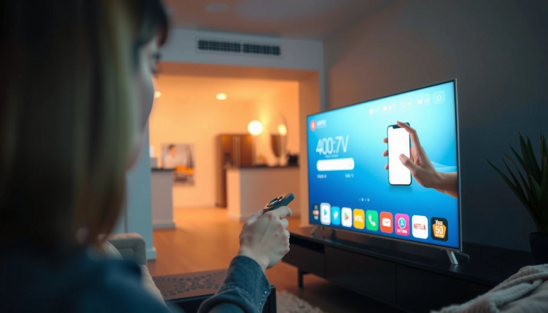 A person using a remote to download an app on a smart TV, illustrating the process of app installation.