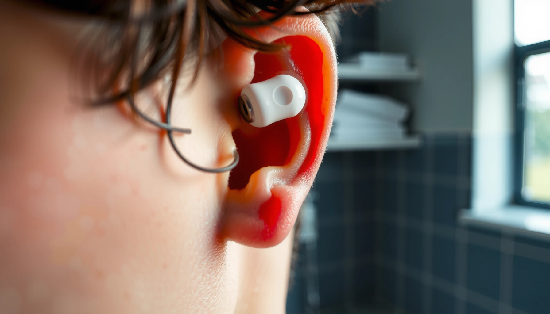 A person wearing earbuds, contemplating the risk of ear infections from using them.
