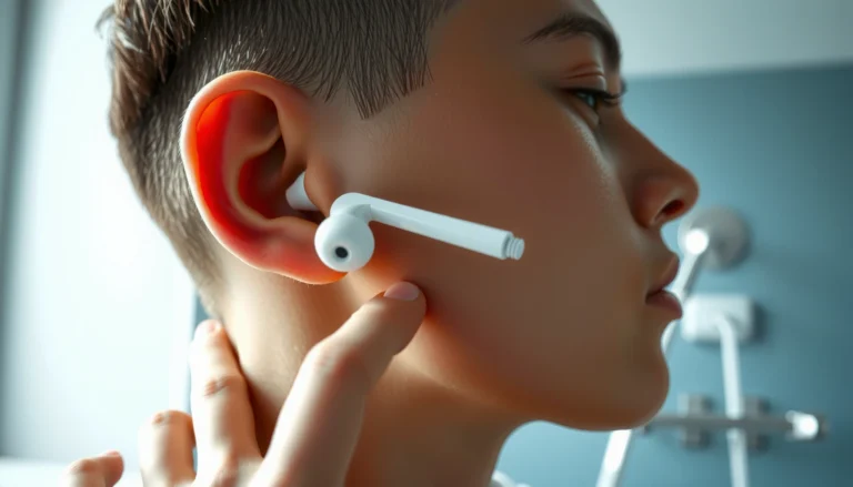 Person considering wearing earbuds while having an ear infection, showcasing ear health concerns.
